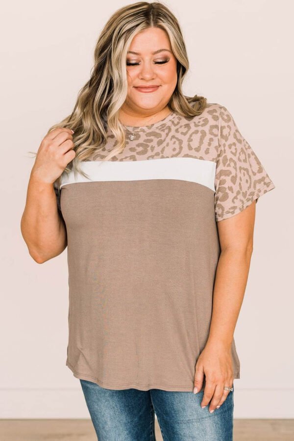 Khaki Leopard Yoke Color Block Plus Size Top
