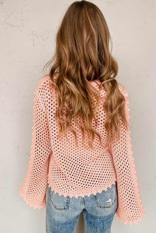 Pink Hollowed Eyelets Knit Bell Sleeve Sweater