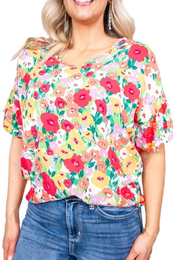 Red Floral Print Ruffled Short Sleeve V Neck Blouse