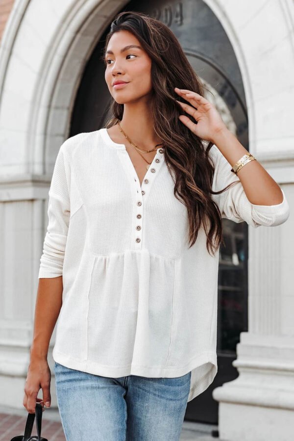 White Waffle Knit Half Button Henley Top