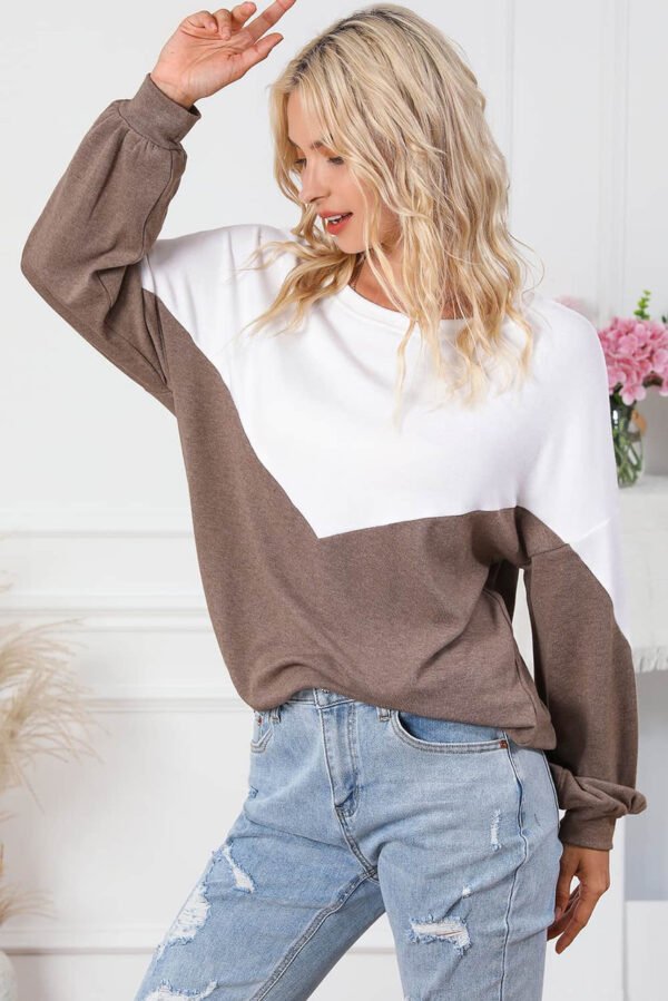 Khaki Colorblock Cutout Elastic Hem Pullover Sweatshirt