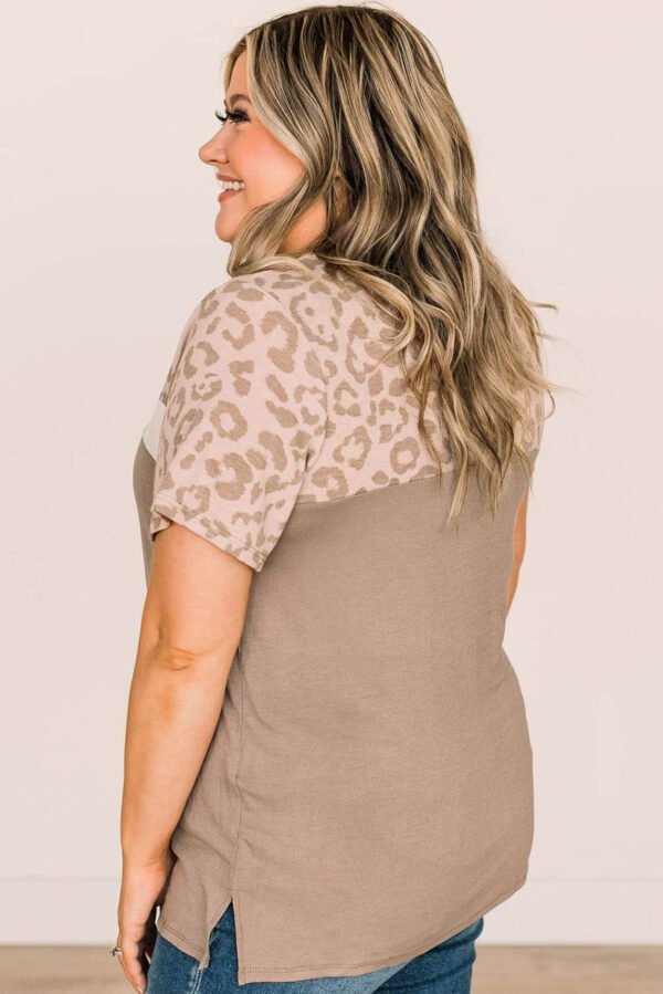 Khaki Leopard Yoke Color Block Plus Size Top