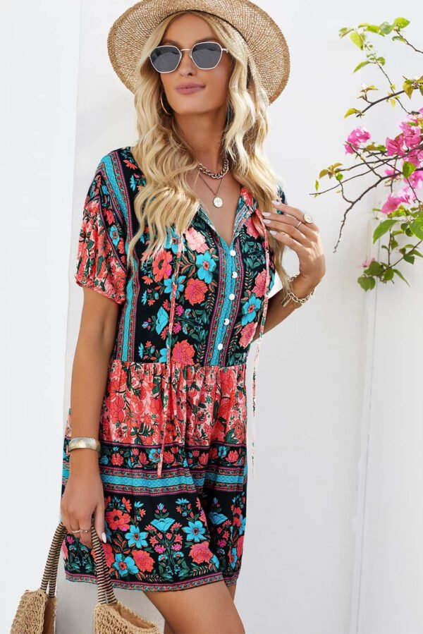 Multicolor Spring Floral Buttons Short Sleeve Romper