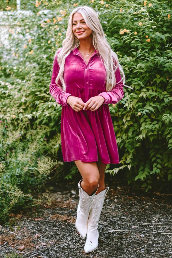 Rose Long Sleeve Ruffle Velvet Button Up Dress