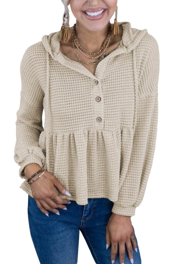 Apricot Waffle Knit Buttons Ruffled Hooded Top