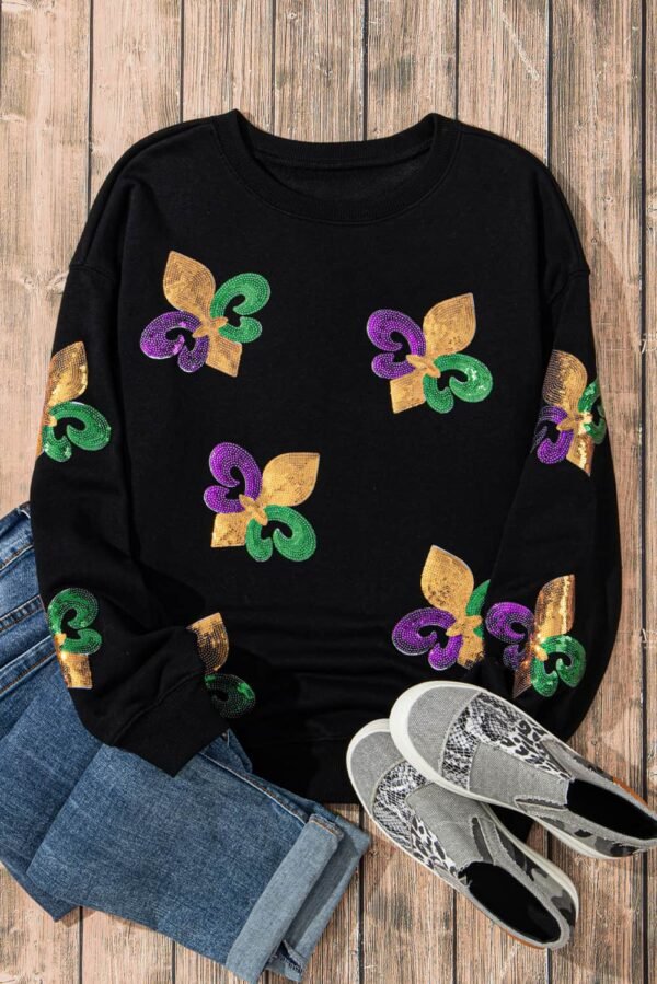 Black Sequin Mardi Gras Graphic Pullover Sweatshirt