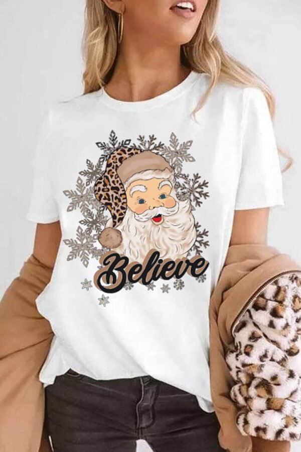 White Believe Santa Claus Snowflake Print Crew Neck T Shirt