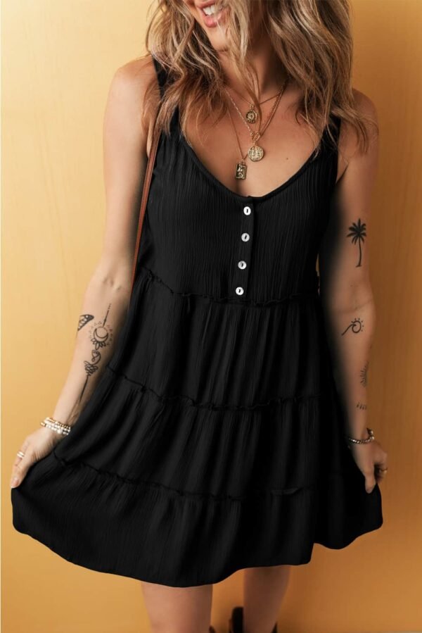 Black Button V Neck Frilly Tiered Sleeveless Dress