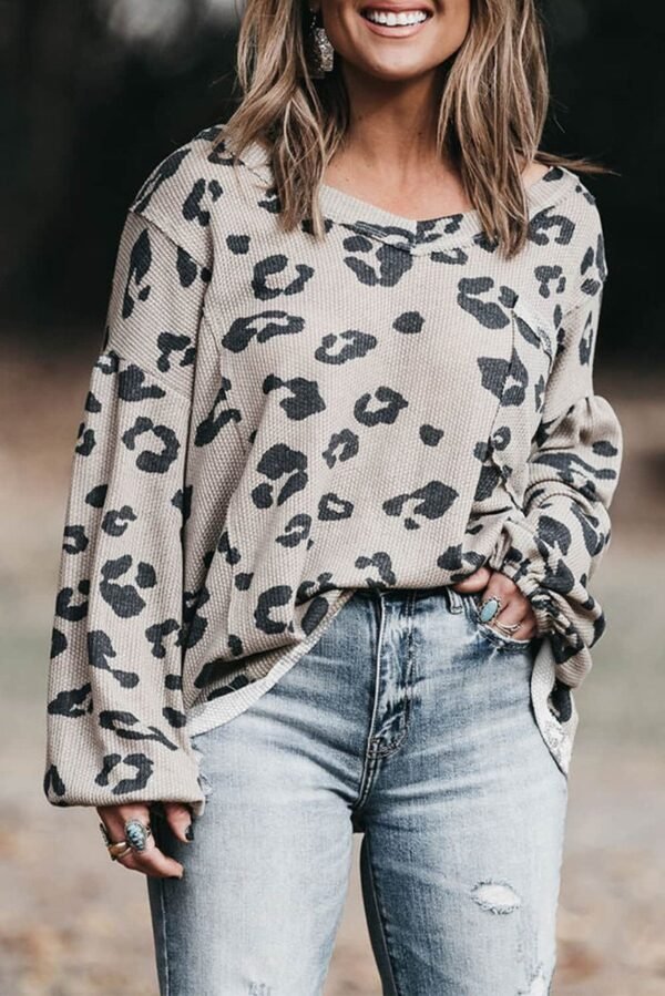 Gray Printed Leopard Balloon Sleeve Thermal Knit Plus Size Top