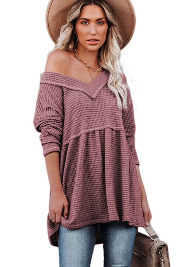 Pink Waffle Knit V Neck Long Sleeve Babydoll Top