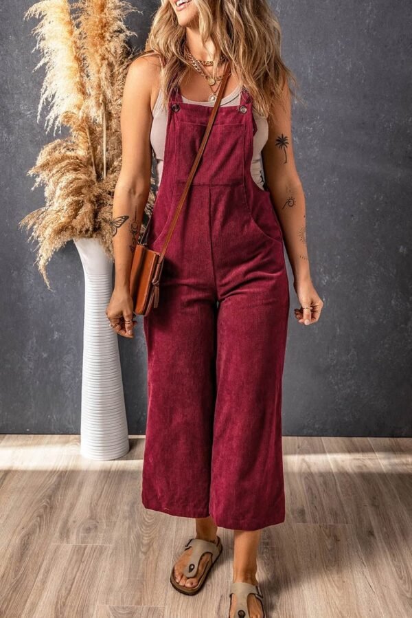 Red Solid Color Corduroy Wide Leg Bib Overalls