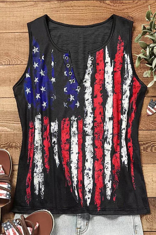 Black American Flag Printed Notched V-Neck Tank Top