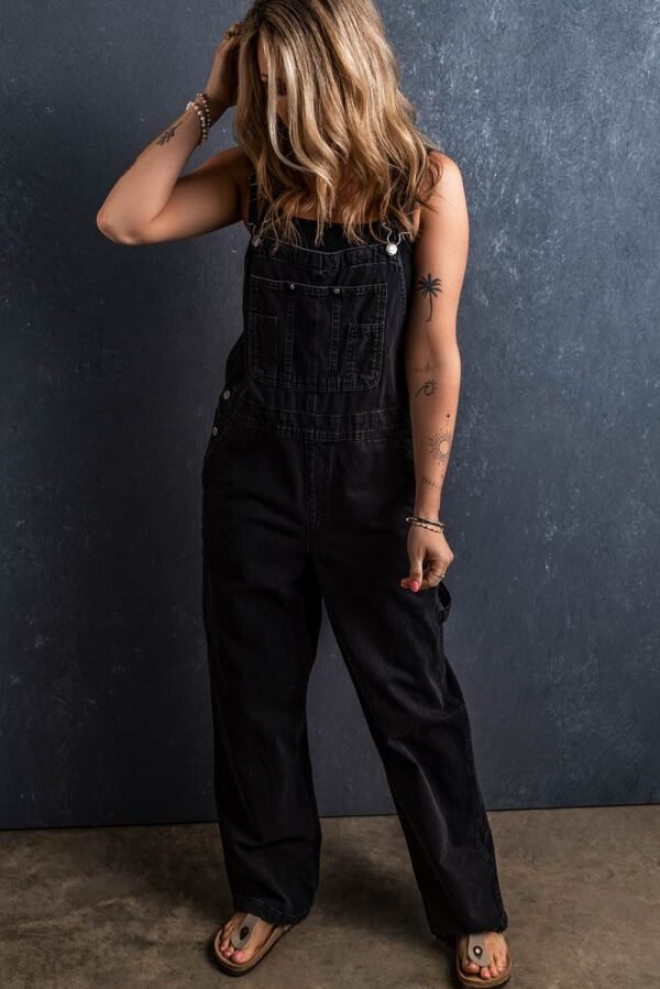 Black Adjustable Buckle Straps Multi Pocket Denim Overalls