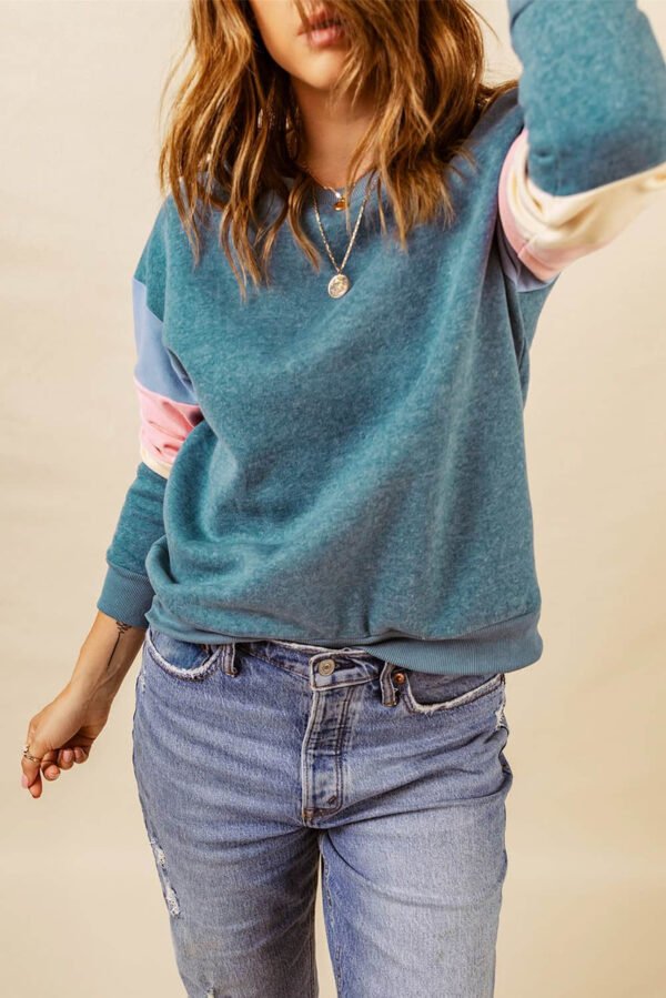 Blue Colorblock Long Sleeve Pullover Sweatshirt