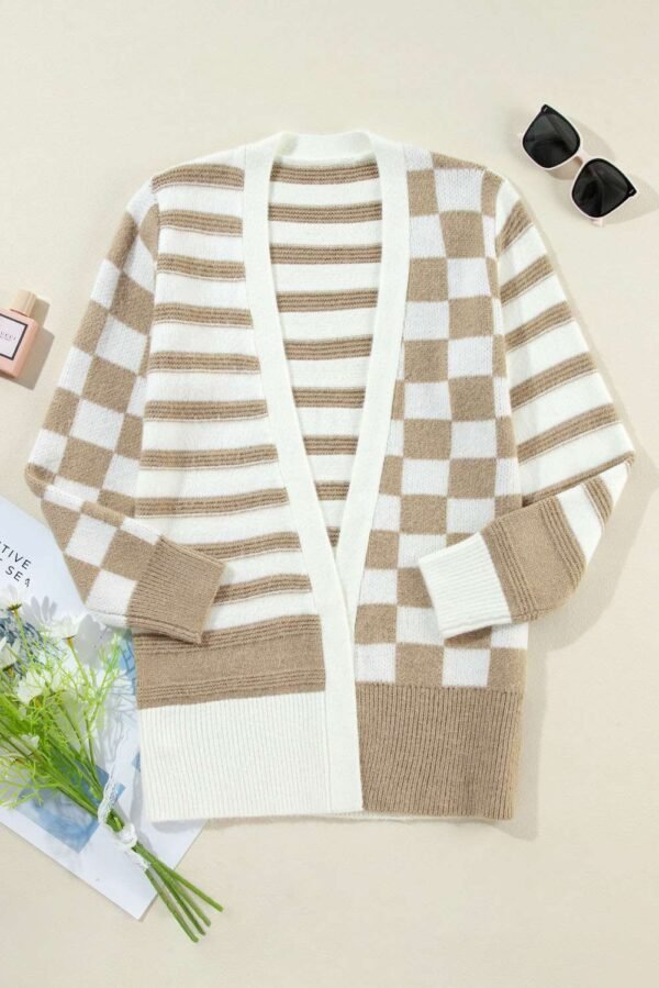 Smoke Gray Gingham Striped Knitted Open Front Cardigan