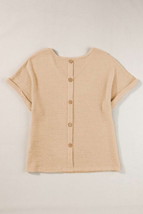 Oatmeal Textured Knit Button Back Cuffed Sleeve Tee