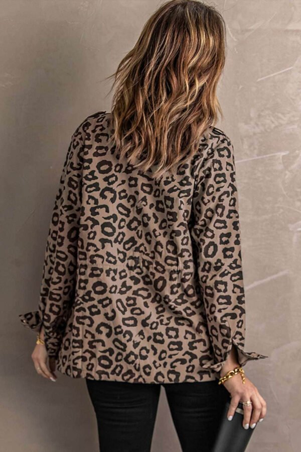 Brown Lapel Collar Zipper Drawstring Leopard Coat