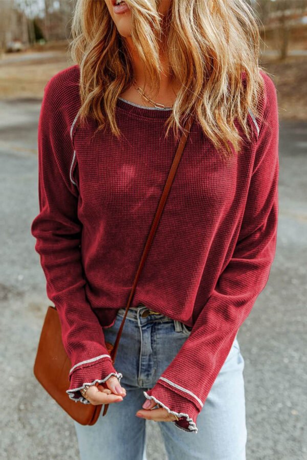 Red Textured Round Neck Long Sleeve Top