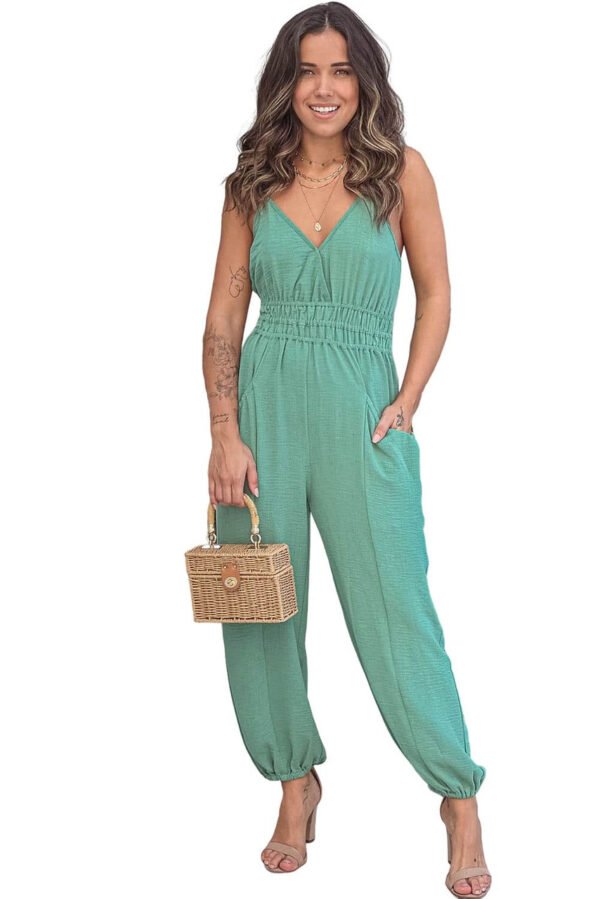 Green Shirred High Waist Sleeveless V Neck Jumpsuit