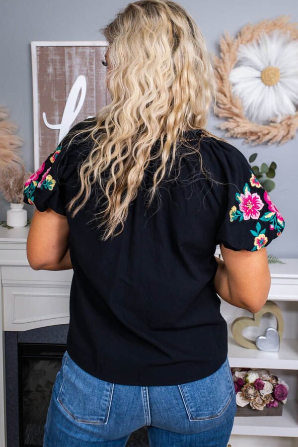 Black Floral Embroidered Bubble Sleeve Frill V Neck Top