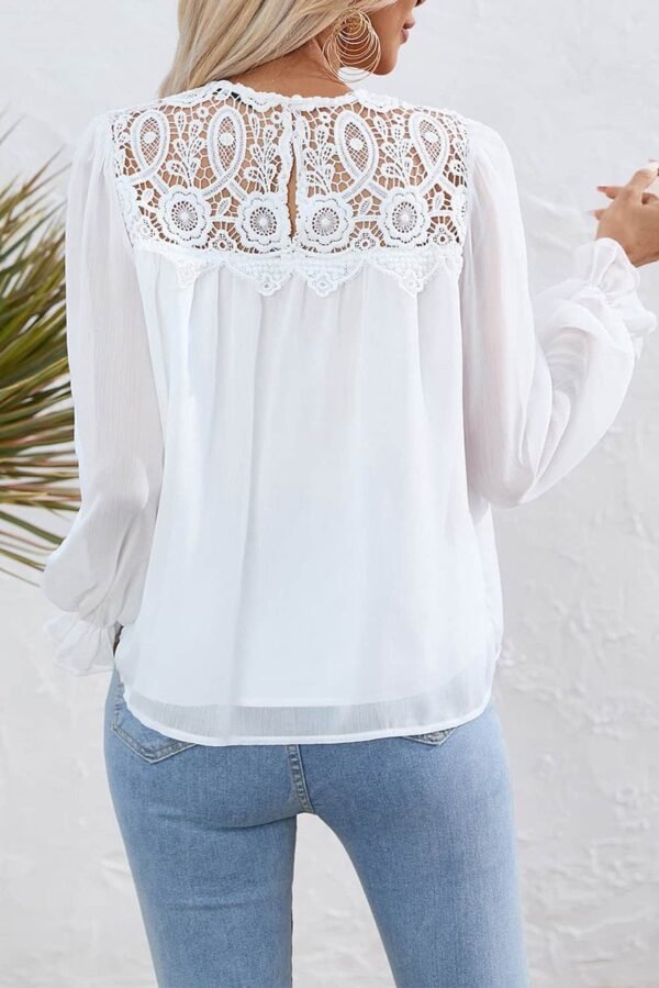 White Lace Patch Sheer Flounce Sleeve Blouse