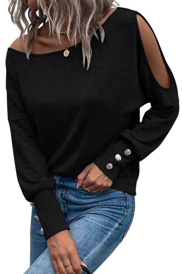 Black Asymmetrical Cut Out Buttoned Long Sleeve Top