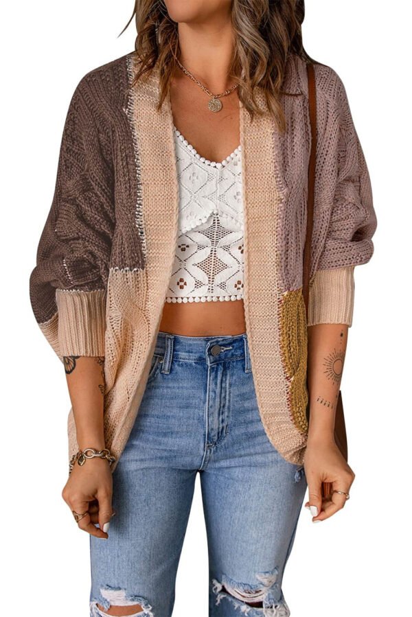 Brown Color Block Loose Open Front Knitted Cardigan