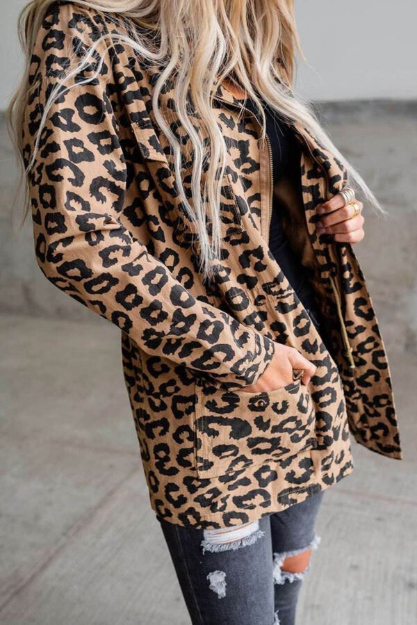 Brown Lapel Collar Zipper Drawstring Leopard Coat