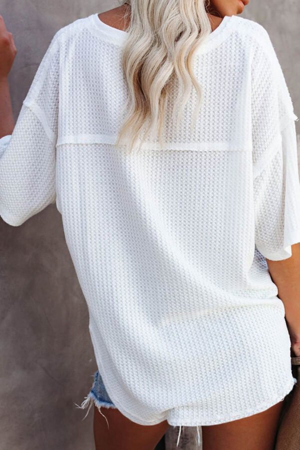 White Waffle Knit Drop Shoulder Loose Top