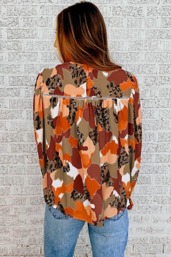 Orange Multicolor Abstract Printed Long Sleeve Blouse