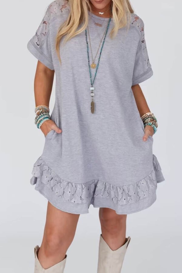 Light Grey Lace Floral Patchwork Ruffled T-shirt Dress