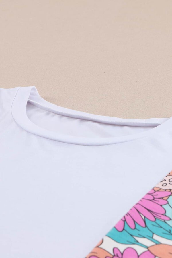 White Floral Print Patchwork Short Sleeve Top