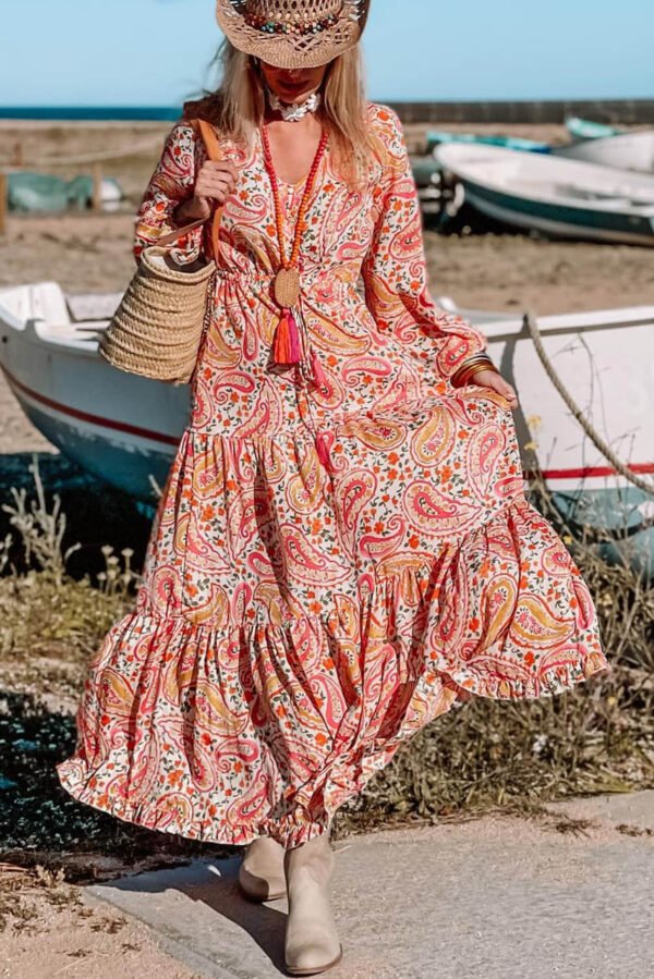 Orange Boho Holiday Paisley Print Tiered Long Sleeve Maxi Dress