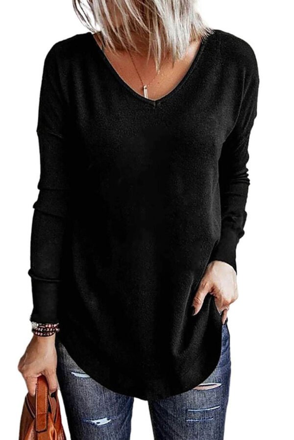 Black Solid Color V Neck Long Sleeve Knit Top