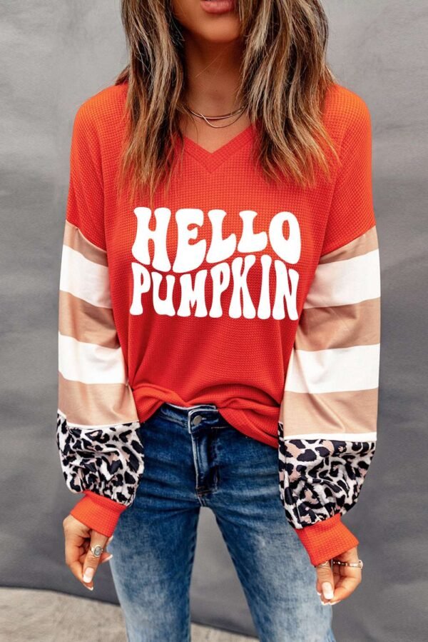 Red Hello Pumpkin Graphic Leopard Striped Colorblock Sleeve V Neck Top