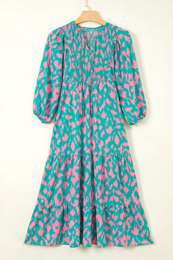 Green Abstract Print Puff Sleeve Tied Notched Neck Long Dress