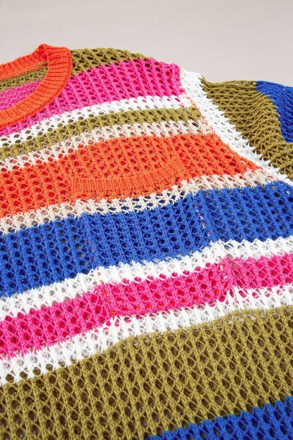 Orange Stripe Colorblock Hollowed Crochet 3/4 Sleeve Sweater