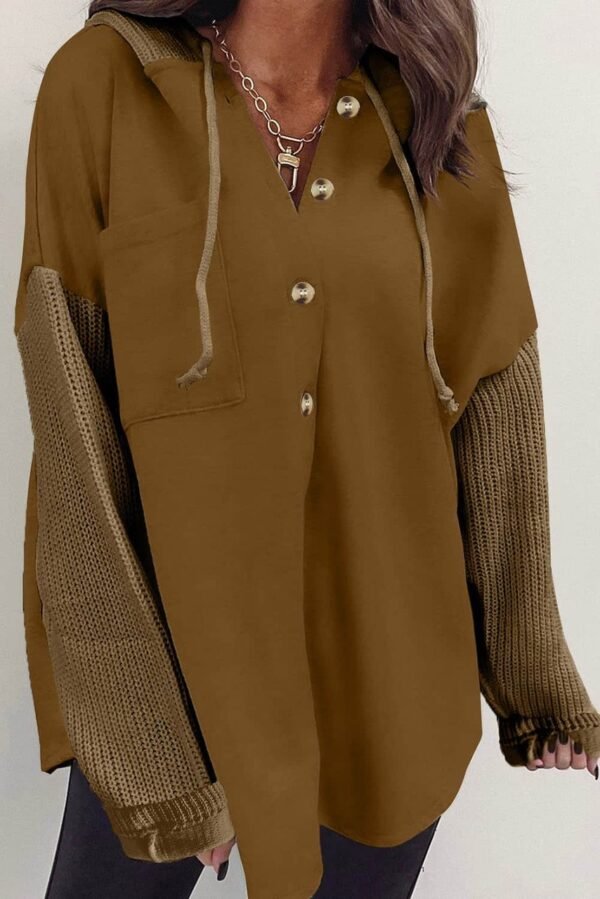 Brown Button Up Contrast Knitted Sleeves Hooded Jacket