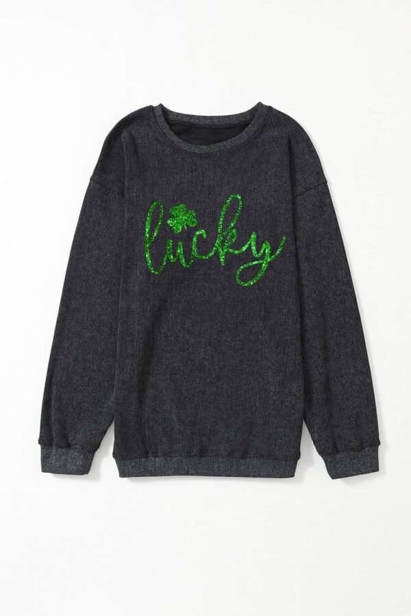 Black Shiny Lucky Clover Corded Drop Shoulder Sweatshirt