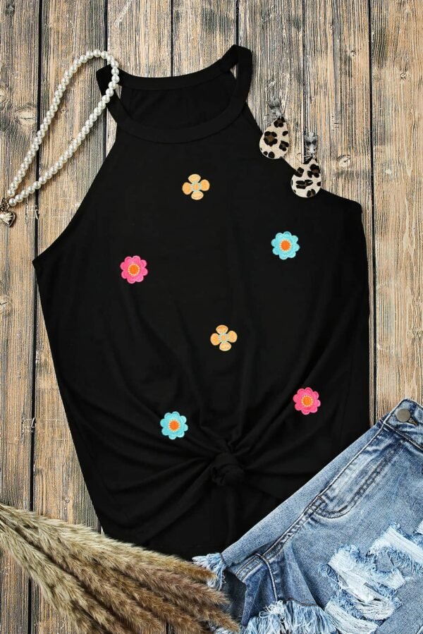 Black Sweet Floral Embroidery Casual Tank Top