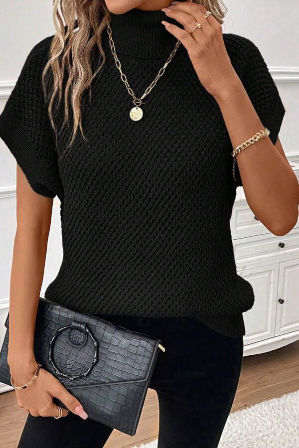 Black Turtleneck Textured Short Sleeve Sweater