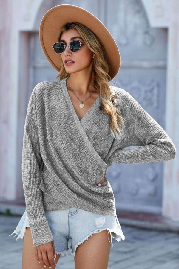 Gray Deep V-neck Long Sleeve Knit Sweater