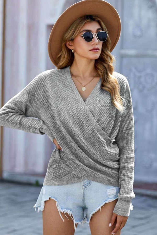 Gray Deep V-neck Long Sleeve Knit Sweater