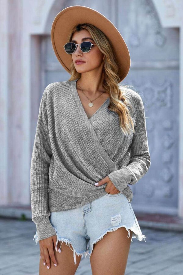 Gray Deep V-neck Long Sleeve Knit Sweater