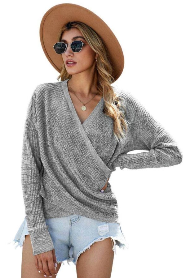 Gray Deep V-neck Long Sleeve Knit Sweater