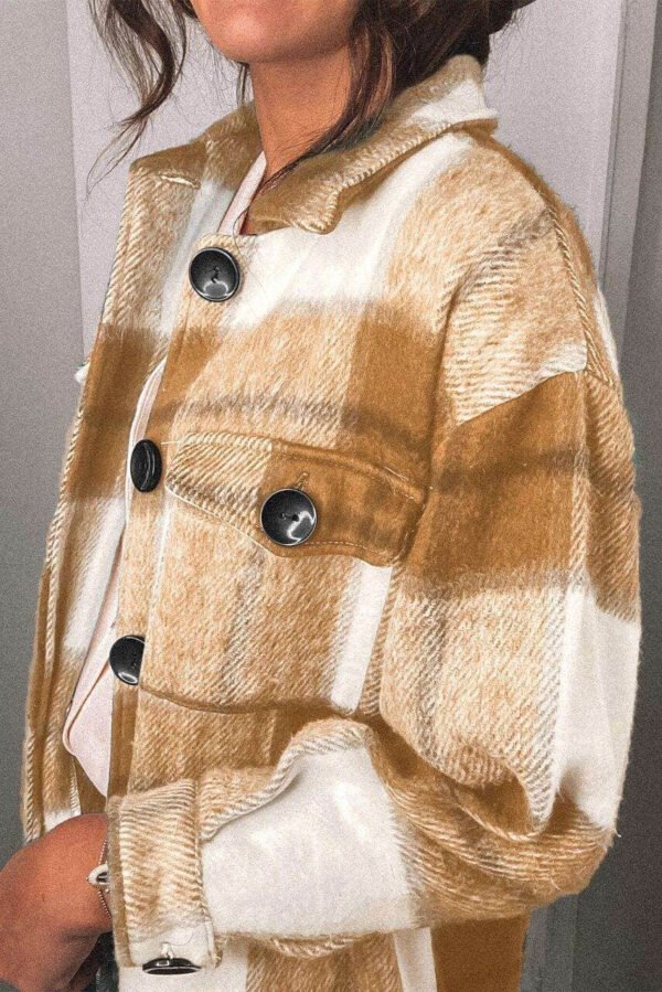 Khaki Shirt Collar Button Closure Plaid Coat