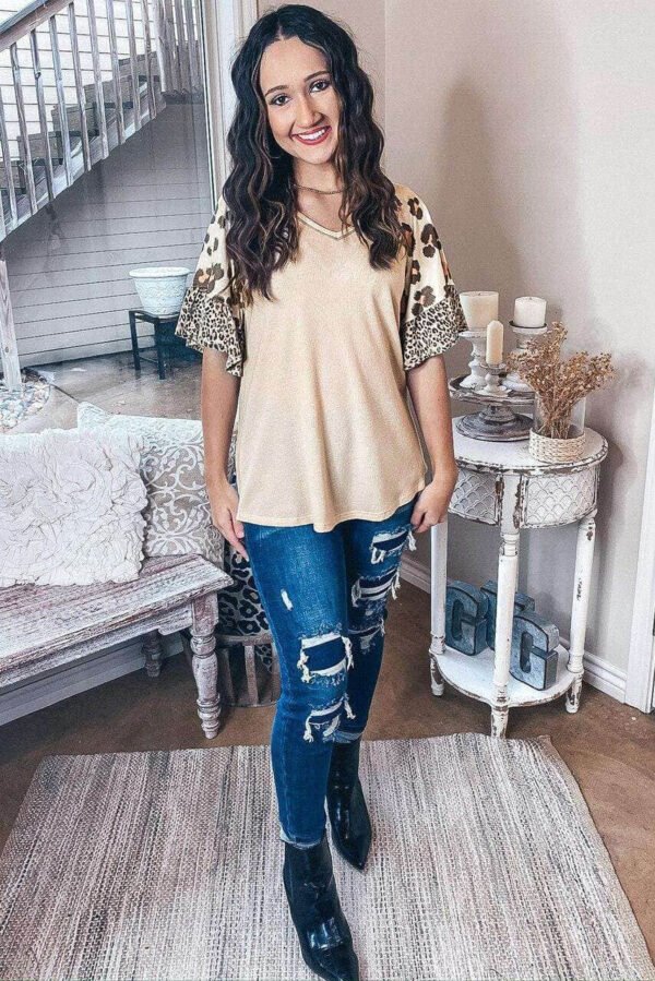 Mixed Leopard Ruffle Sleeve Waffle Knit Top