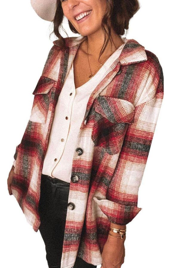 Red Turn down Neck Plaid Pocket Button Closure Coat