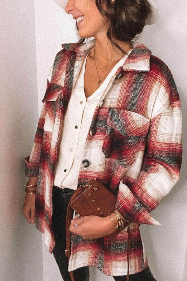 Red Turn down Neck Plaid Pocket Button Closure Coat