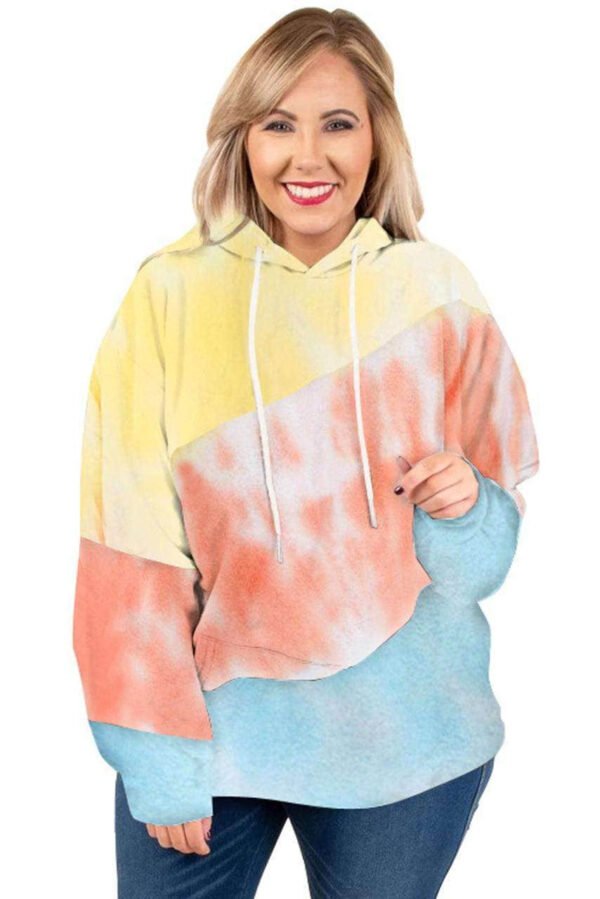 Sky Blue Colorblock Kangaroo Pocket Plus Size Hoodie